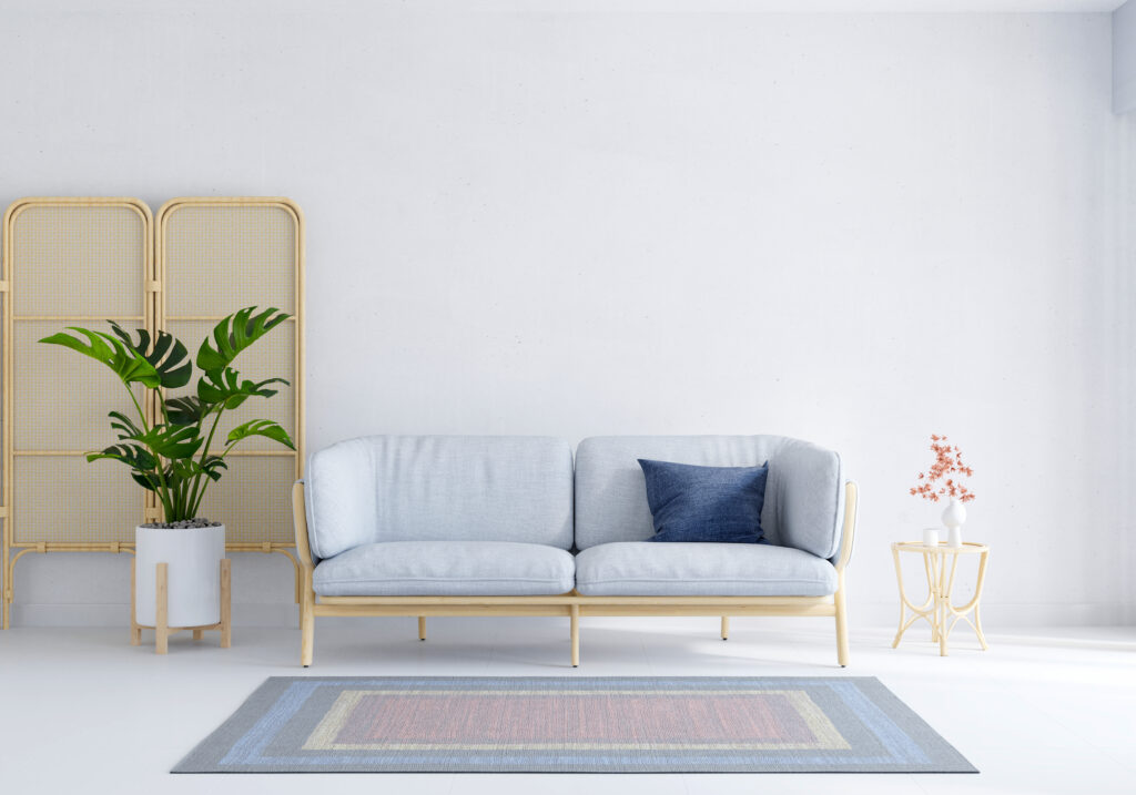 Gray sofa in white living room with copy space, 3D rendering